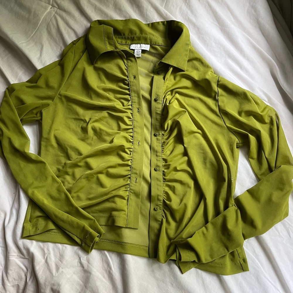 Green sheer button up long sleeve top